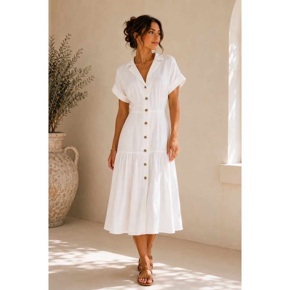 Topshop White Linen Blend Button Front Midi Dress Size 4 Minimalist Coastal Chic